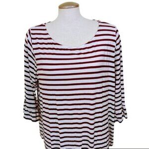 Green Envelope Top Women 2X White Burgundy Striped Knit Bell Sleeve Stretch